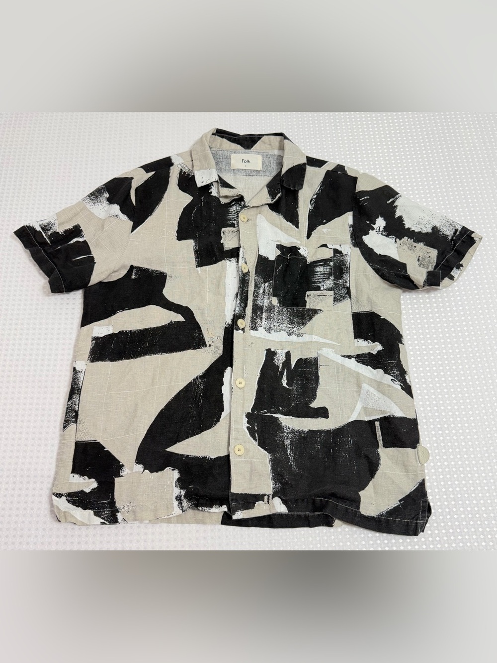 Folk Mens 100% Linen Button Up Abstract Brushstroke Black Beige Camp Shirt M 3